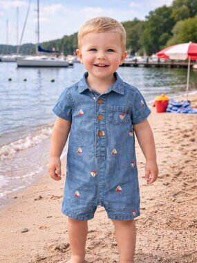 NWT OshKosh B’gosh Baby Boy Romper Sailboat Chambray Short Sleeve Summer Outfit